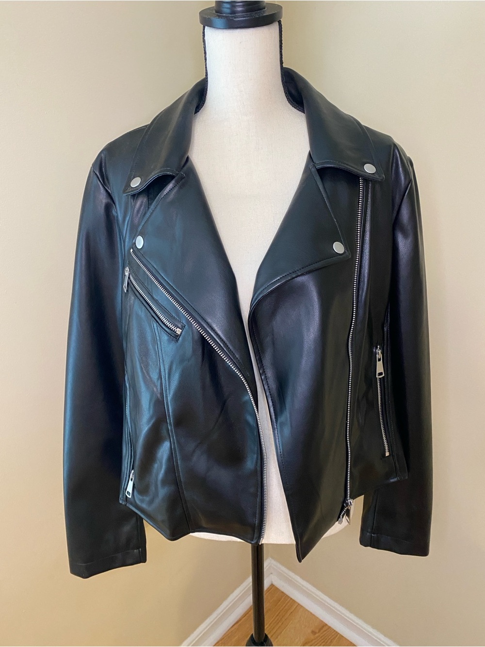 Bagatelle Black Faux Leather Moto Jacket with Silver Hardware